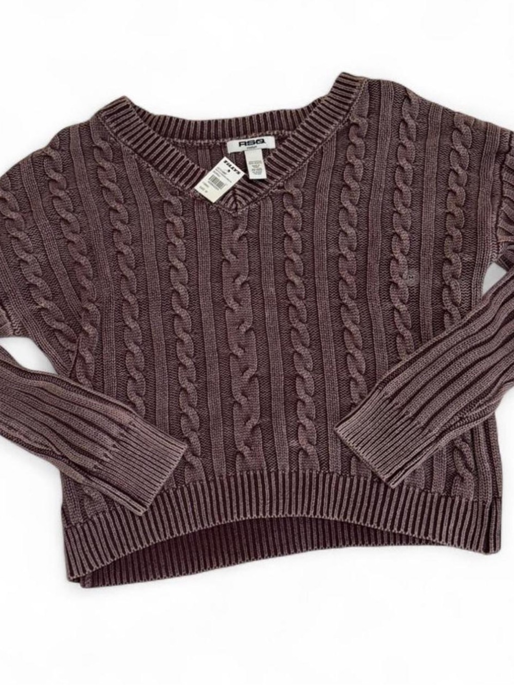 RSQ Cable-Knit V-Neck Sweater in Deep Purple